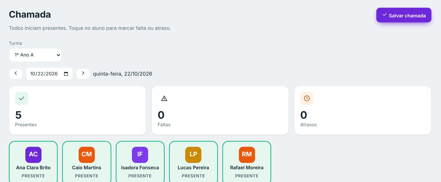 Tela de chamada da turma no computador